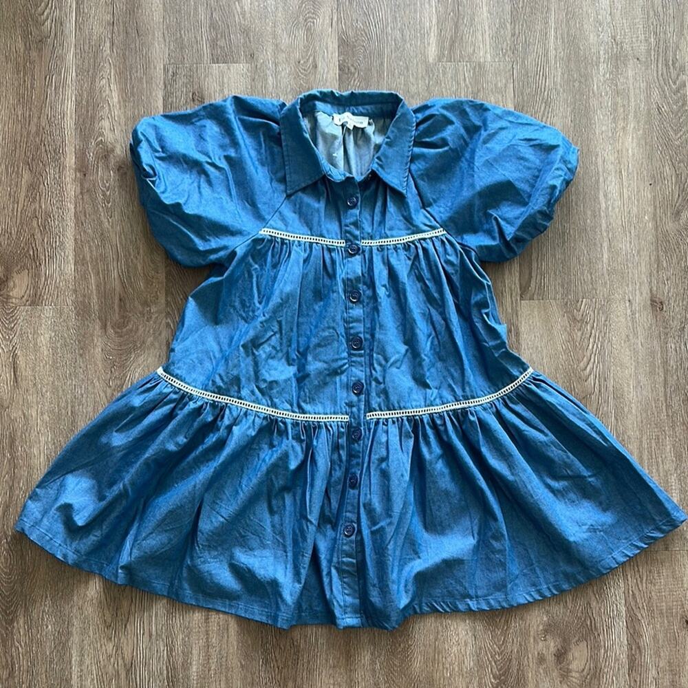 En Saison Tara‎ Puff-Sleeve Babydoll Shirtdress Chambray Size Small 100% Cotton